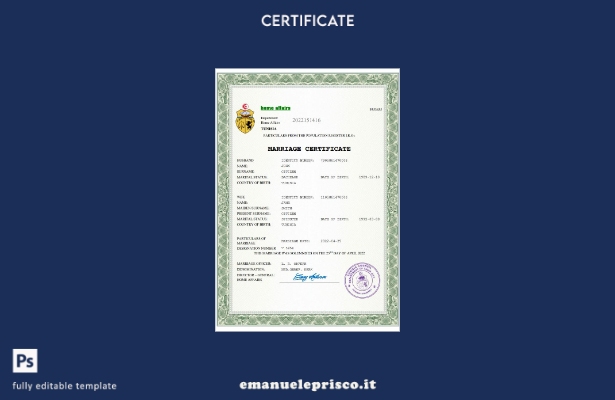 Certificato di matrimonio tunisino in stile verificato Modello Word e PDF